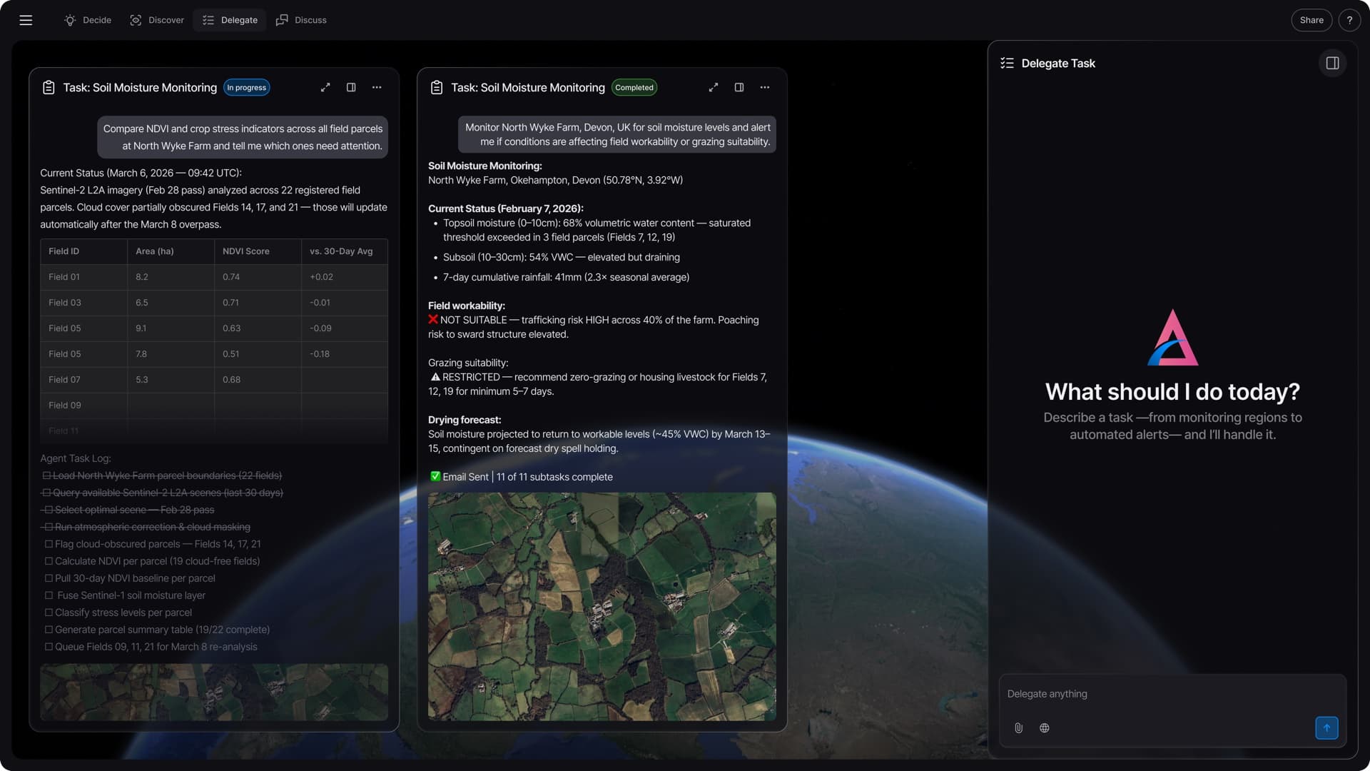 Amelia platform Delegate mode — soil moisture monitoring with automated task management