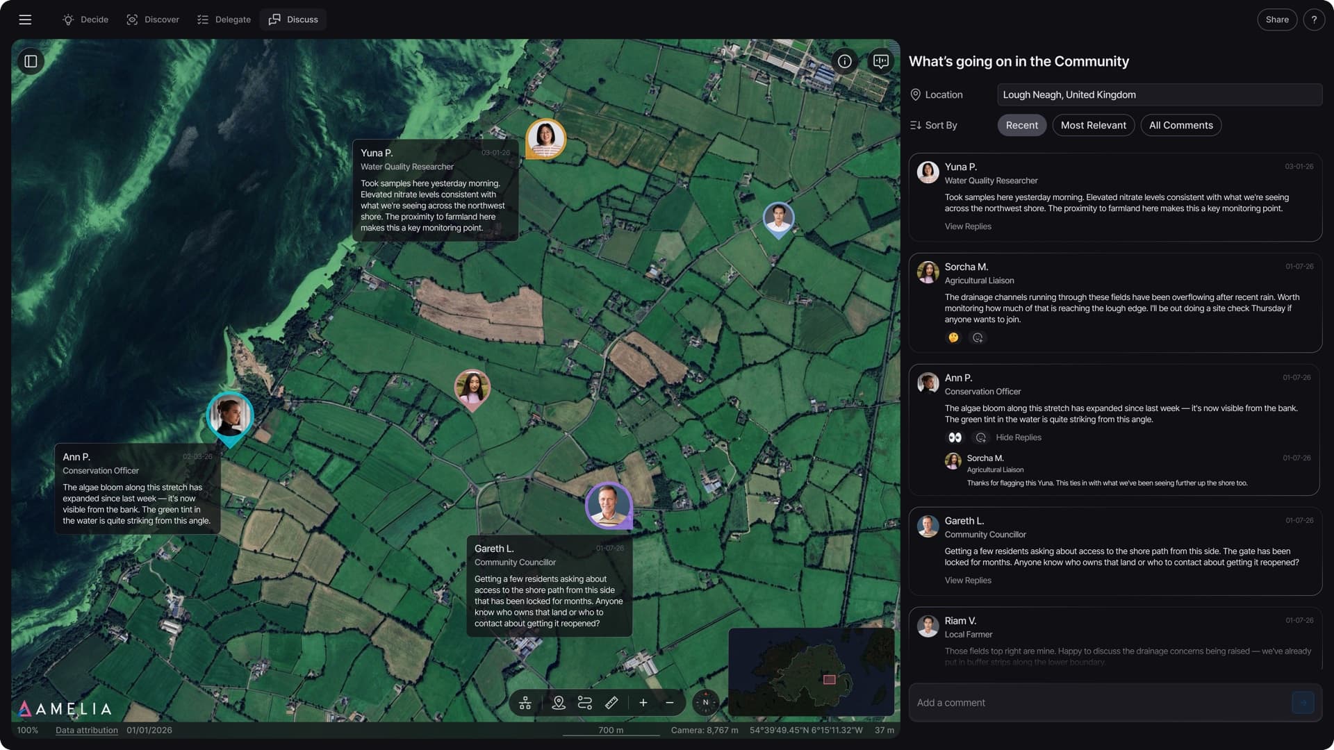 Amelia platform Discuss mode — community observations at Lough Neagh